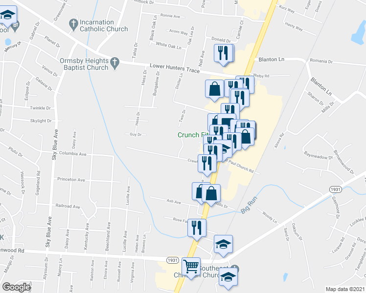 map of restaurants, bars, coffee shops, grocery stores, and more near 1000 Crawford Crossing Place in Louisville