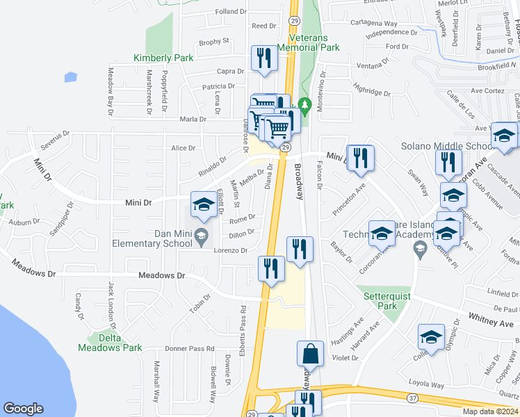 map of restaurants, bars, coffee shops, grocery stores, and more near 407 Diana Drive in Vallejo