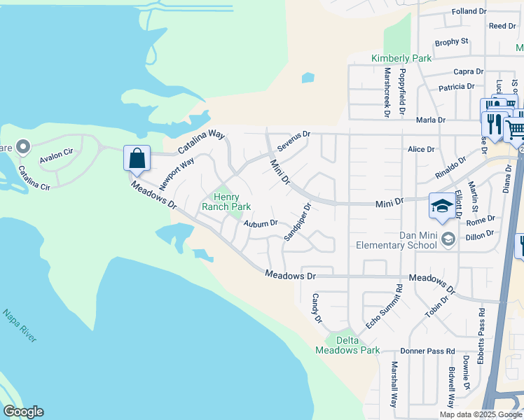 map of restaurants, bars, coffee shops, grocery stores, and more near 308 Auburn Drive in Vallejo