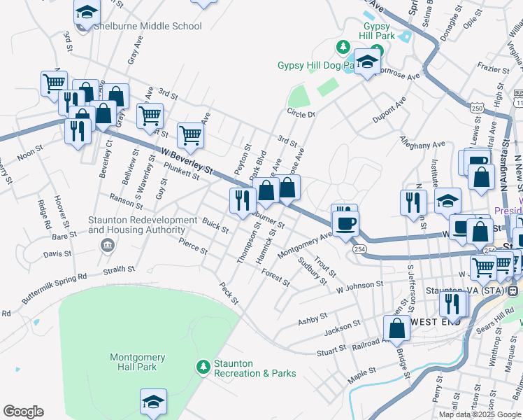map of restaurants, bars, coffee shops, grocery stores, and more near 22 Thompson Street in Staunton