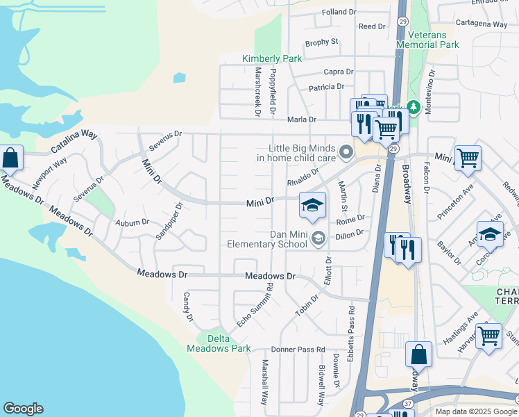 map of restaurants, bars, coffee shops, grocery stores, and more near 1821 Mini Drive in Vallejo
