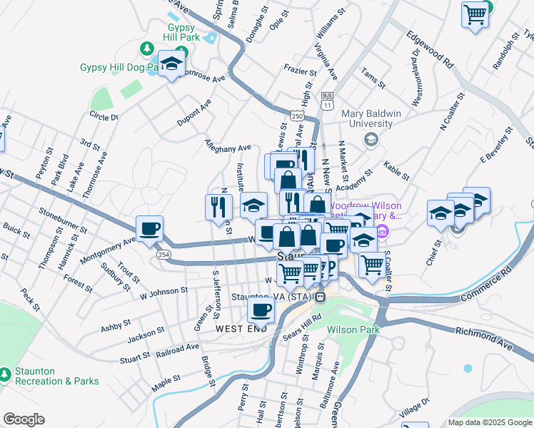 map of restaurants, bars, coffee shops, grocery stores, and more near 215 Baldwin Street in Staunton