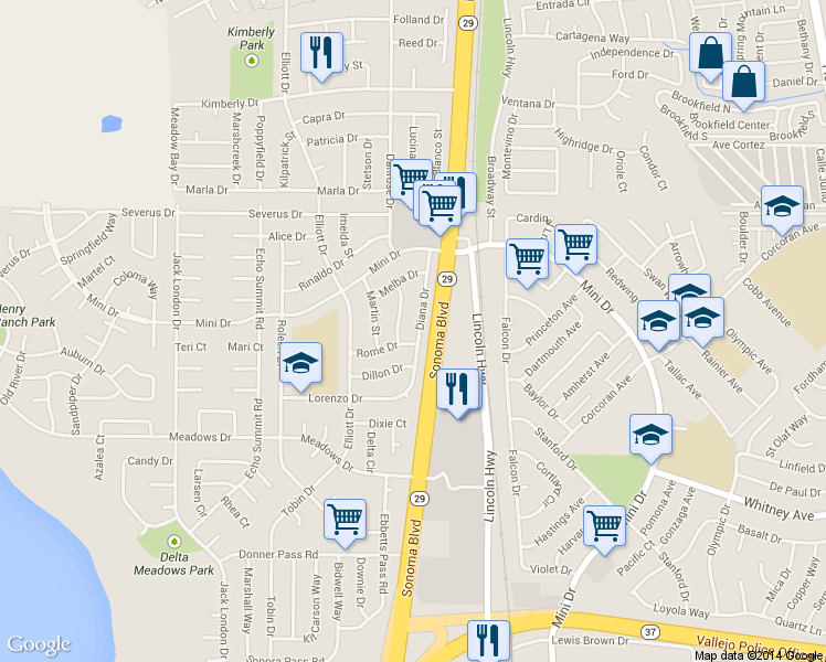 map of restaurants, bars, coffee shops, grocery stores, and more near 400 Diana Drive in Vallejo