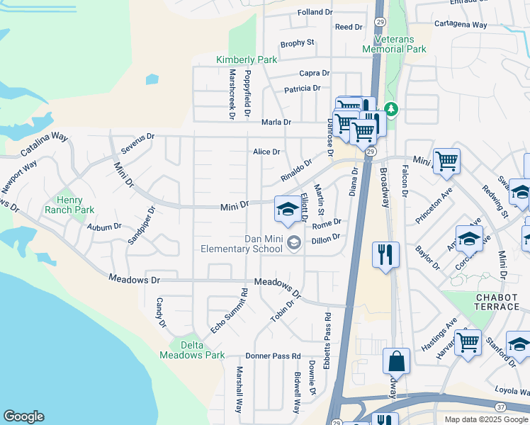 map of restaurants, bars, coffee shops, grocery stores, and more near 1161 Roleen Drive in Vallejo