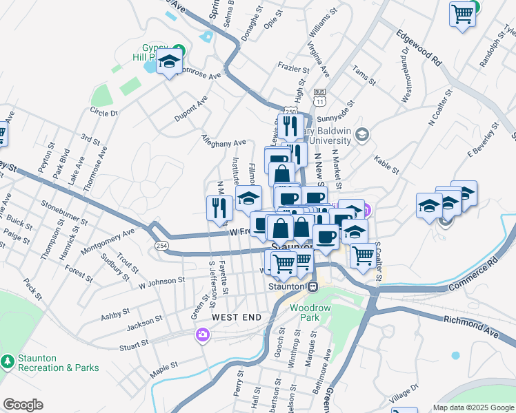map of restaurants, bars, coffee shops, grocery stores, and more near 115 Fillmore Street in Staunton
