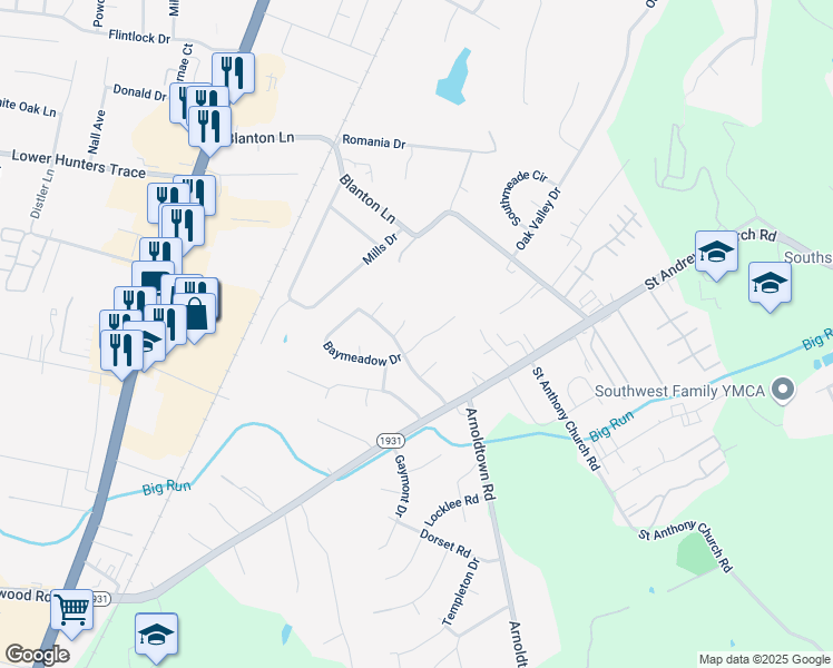 map of restaurants, bars, coffee shops, grocery stores, and more near 3601 Birnamwood Court in Louisville