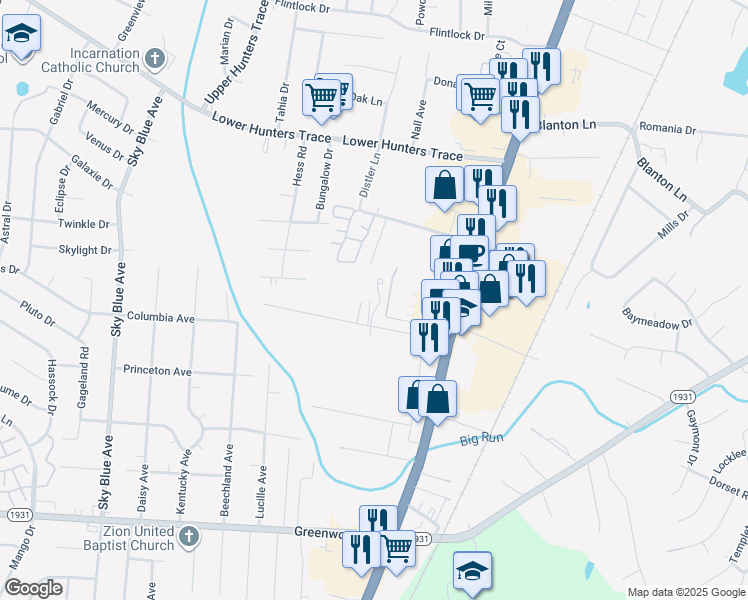 map of restaurants, bars, coffee shops, grocery stores, and more near 6800 Crawford Crossing Place in Louisville