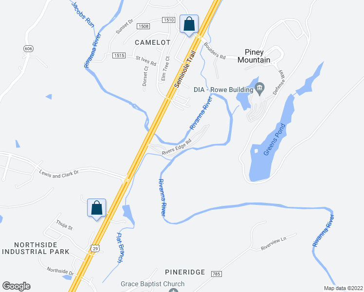 map of restaurants, bars, coffee shops, grocery stores, and more near Rivers Edge Road in Albemarle County