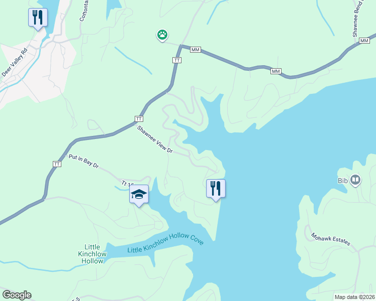 map of restaurants, bars, coffee shops, grocery stores, and more near 734 Shawnee View Drive in Sunrise Beach