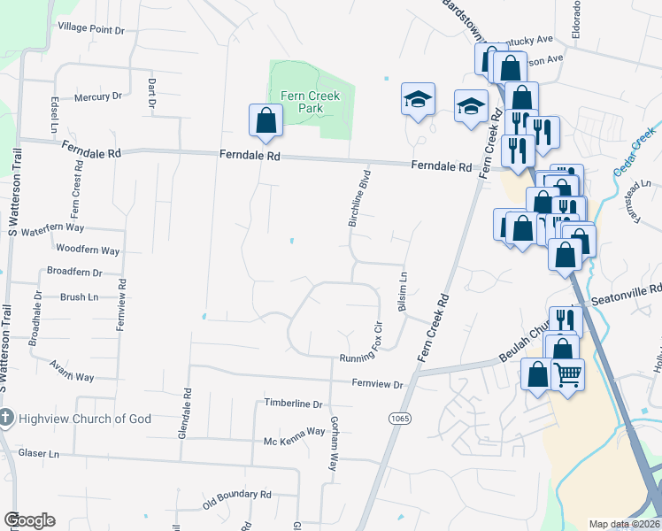 map of restaurants, bars, coffee shops, grocery stores, and more near 8627 Running Fox Circle in Louisville