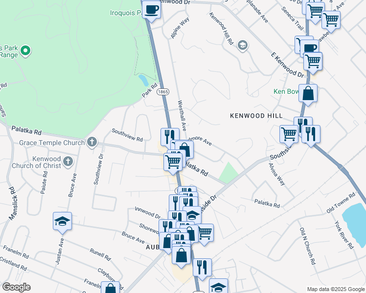 map of restaurants, bars, coffee shops, grocery stores, and more near 5393 New Cut Road in Louisville