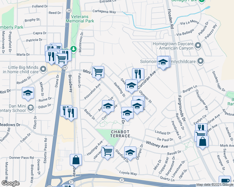 map of restaurants, bars, coffee shops, grocery stores, and more near 206 Amherst Avenue in Vallejo