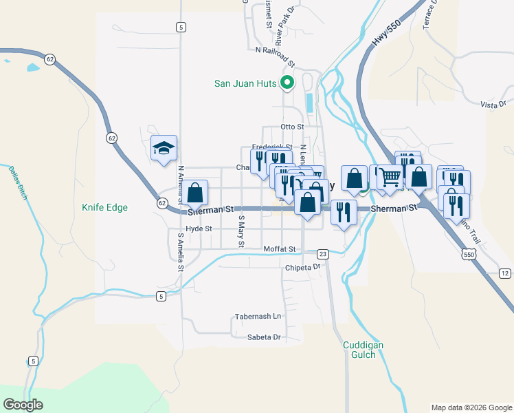 map of restaurants, bars, coffee shops, grocery stores, and more near 146 South Laura Street in Ridgway
