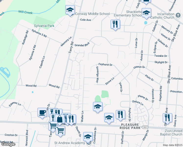 map of restaurants, bars, coffee shops, grocery stores, and more near 6105 Titanic Way in Louisville