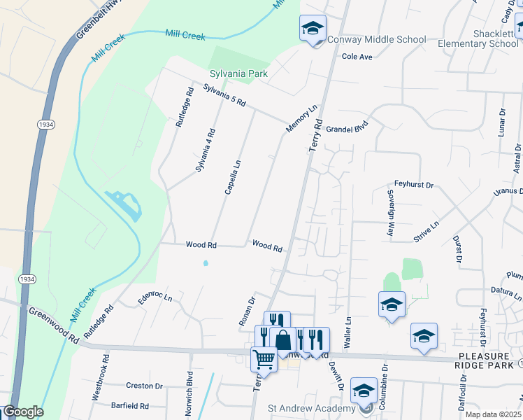 map of restaurants, bars, coffee shops, grocery stores, and more near 6915 Memory Lane in Louisville