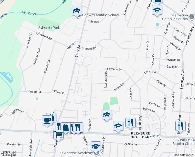 map of restaurants, bars, coffee shops, grocery stores, and more near 6116 Titanic Way in Louisville
