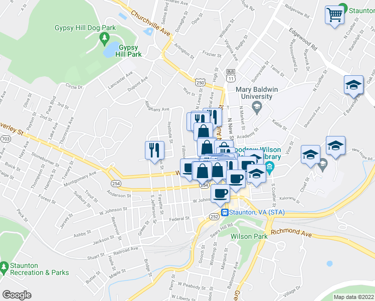 map of restaurants, bars, coffee shops, grocery stores, and more near 211 Fillmore Street in Staunton