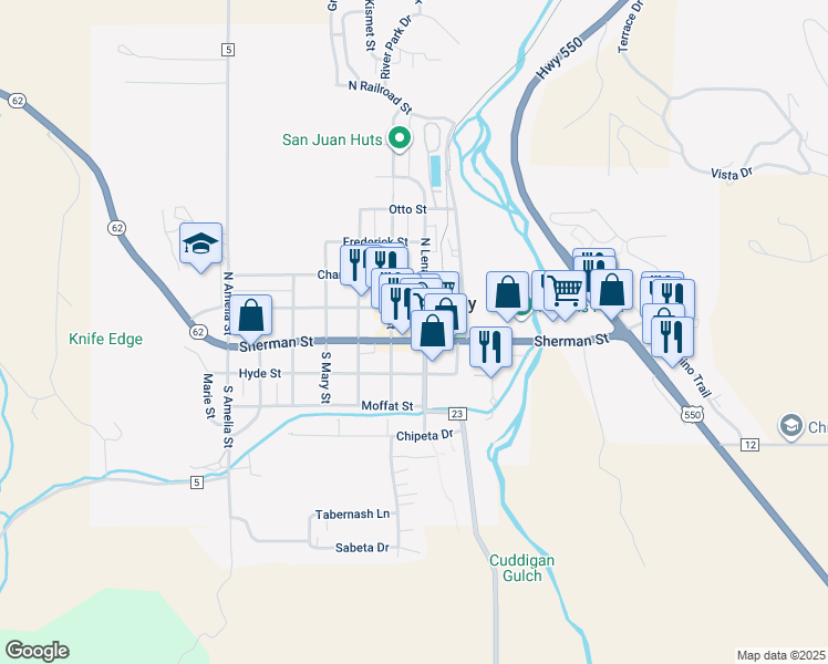 map of restaurants, bars, coffee shops, grocery stores, and more near 140 North Cora Street in Ridgway