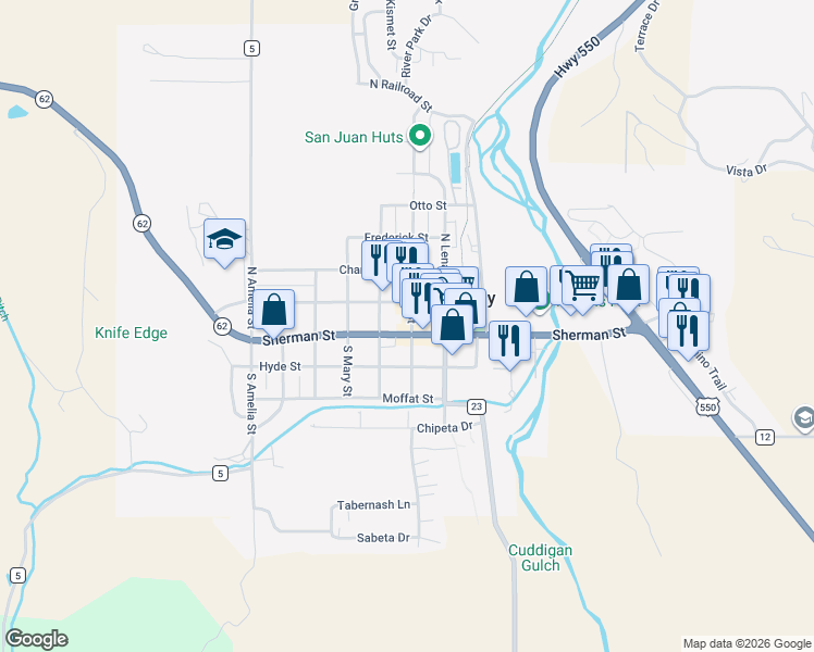 map of restaurants, bars, coffee shops, grocery stores, and more near 146 South Laura Street in Ridgway