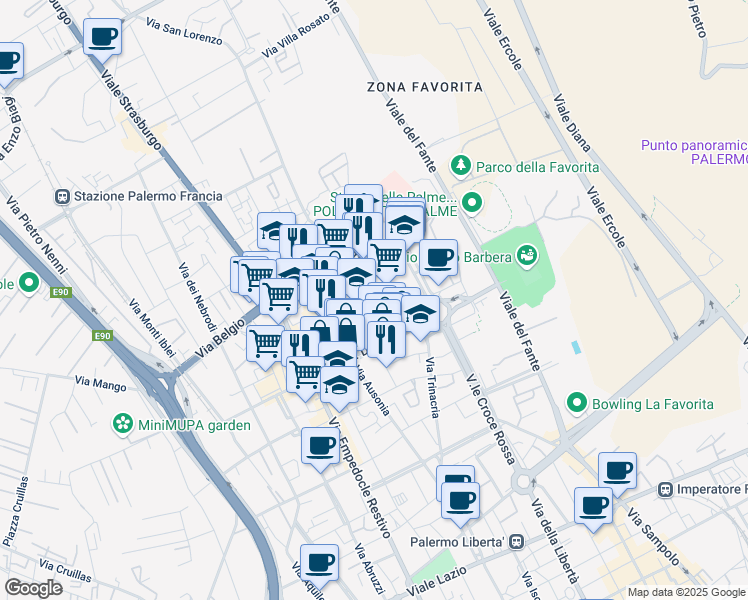 map of restaurants, bars, coffee shops, grocery stores, and more near 2 Via Sacra Famiglia in Palermo