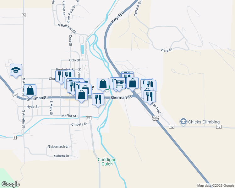 map of restaurants, bars, coffee shops, grocery stores, and more near 185 Sherman Street in Ridgway