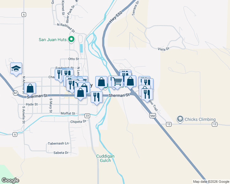 map of restaurants, bars, coffee shops, grocery stores, and more near 185 Sherman Street in Ridgway