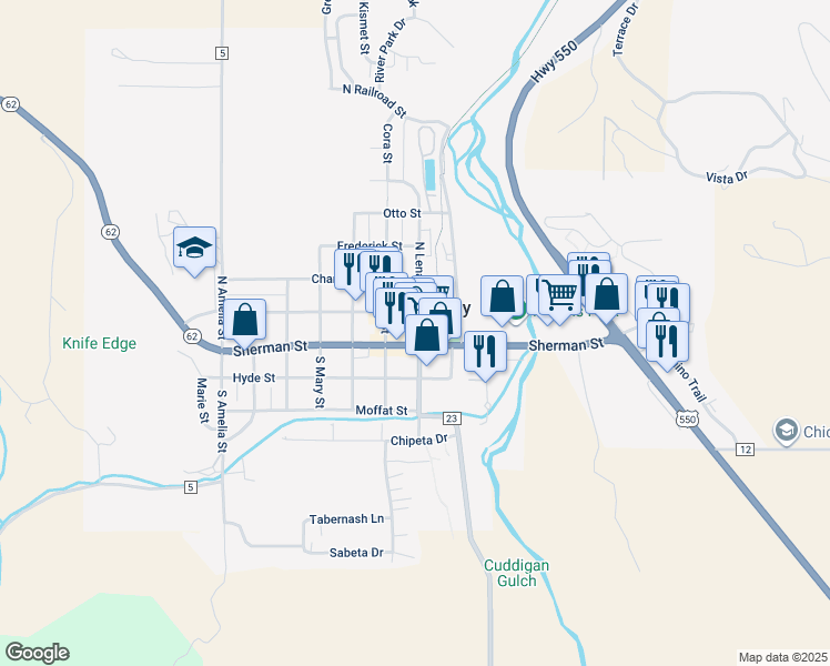 map of restaurants, bars, coffee shops, grocery stores, and more near 523 Clinton Street in Ridgway