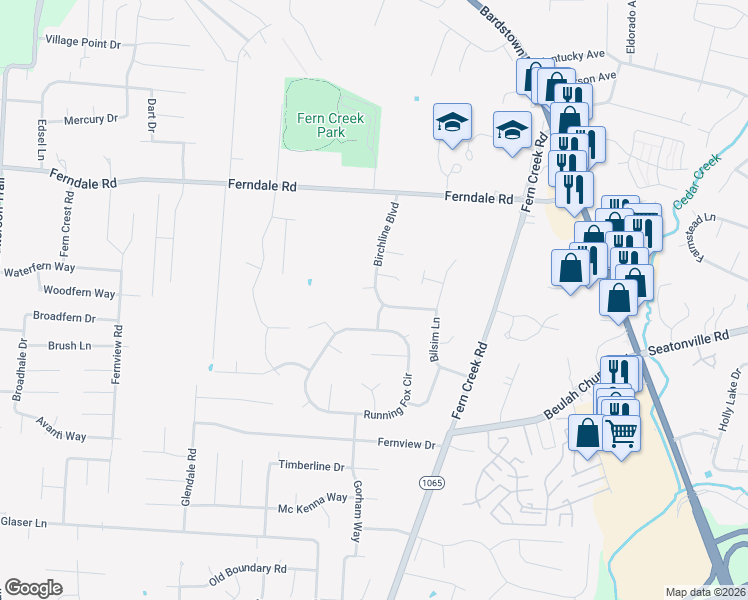 map of restaurants, bars, coffee shops, grocery stores, and more near 6604 Birchline Boulevard in Louisville