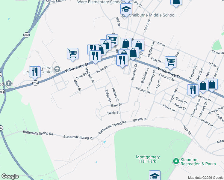 map of restaurants, bars, coffee shops, grocery stores, and more near 2302 Park Hill Road in Staunton