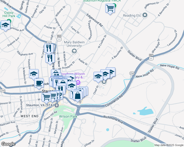 map of restaurants, bars, coffee shops, grocery stores, and more near 437 East Beverley Street in Staunton