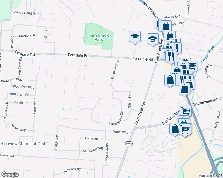 map of restaurants, bars, coffee shops, grocery stores, and more near 8611 Attu Lane in Louisville