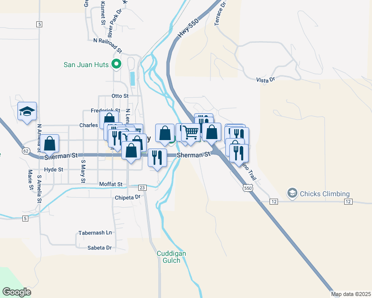 map of restaurants, bars, coffee shops, grocery stores, and more near 185 Sherman Street in Ridgway