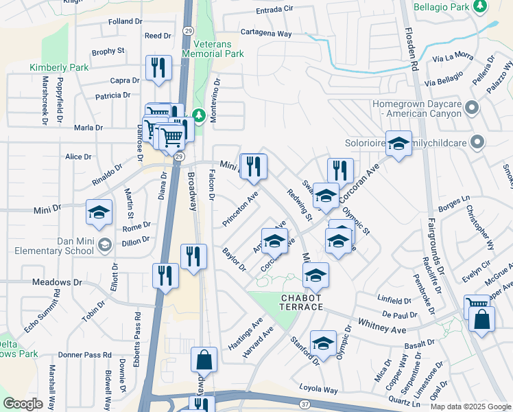 map of restaurants, bars, coffee shops, grocery stores, and more near 695 Mini Drive in Vallejo