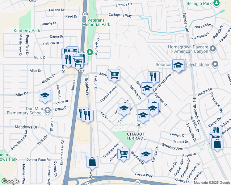 map of restaurants, bars, coffee shops, grocery stores, and more near 695 Mini Drive in Vallejo