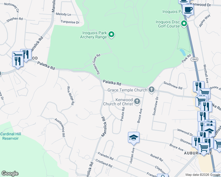 map of restaurants, bars, coffee shops, grocery stores, and more near 1048 Palatka Road in Louisville