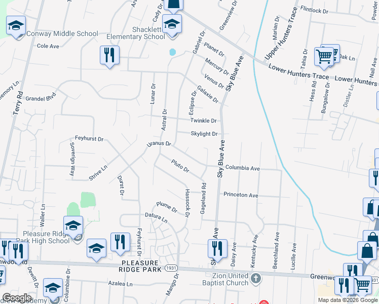 map of restaurants, bars, coffee shops, grocery stores, and more near 6700 Zeus Court in Louisville