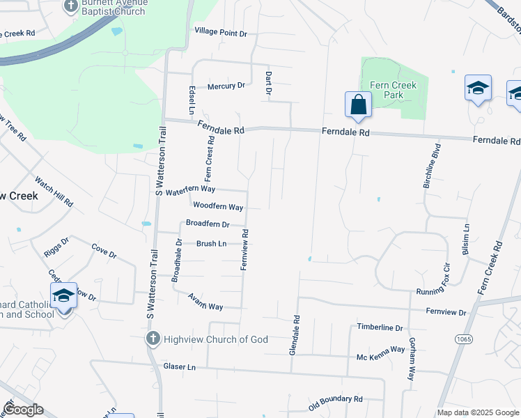 map of restaurants, bars, coffee shops, grocery stores, and more near 13565 Woodfern Way in Louisville