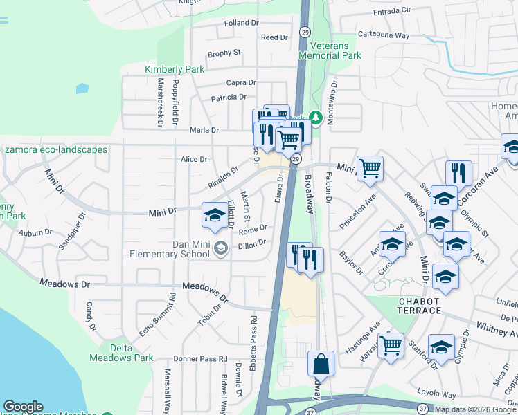 map of restaurants, bars, coffee shops, grocery stores, and more near 135 Spencer Street in Vallejo