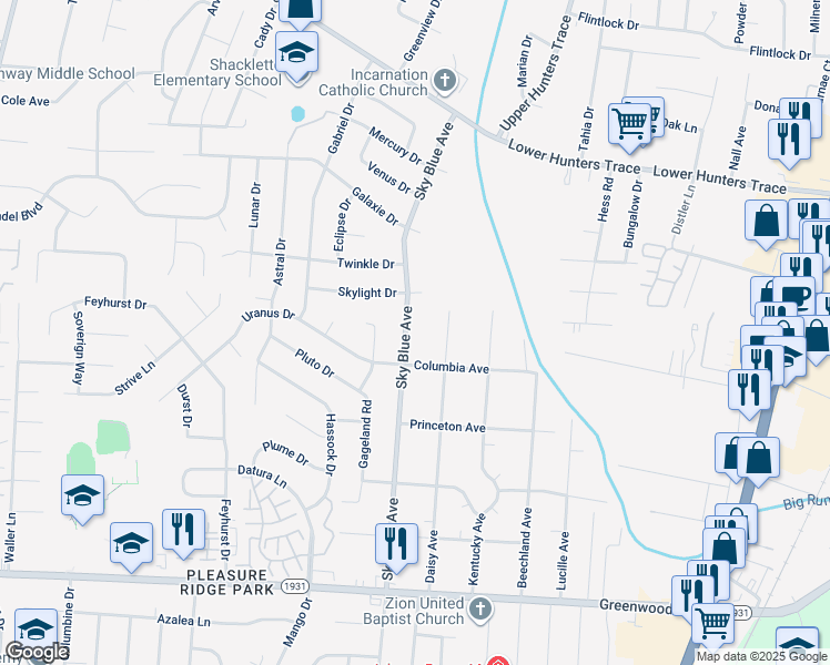 map of restaurants, bars, coffee shops, grocery stores, and more near 6815 Sky Blue Avenue in Louisville