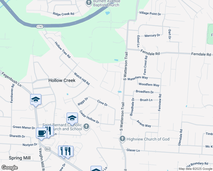 map of restaurants, bars, coffee shops, grocery stores, and more near 8208 Parker Grant Court in Louisville