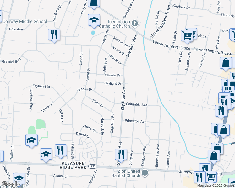 map of restaurants, bars, coffee shops, grocery stores, and more near 7005 Linton Court in Louisville