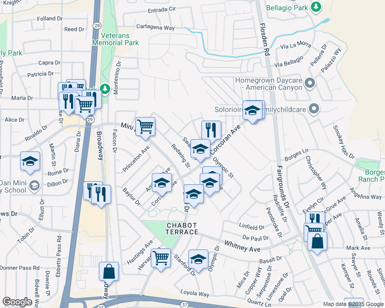 map of restaurants, bars, coffee shops, grocery stores, and more near 555 Swan Way in Vallejo