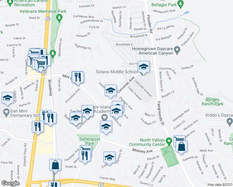 map of restaurants, bars, coffee shops, grocery stores, and more near 762 Corcoran Avenue in Vallejo