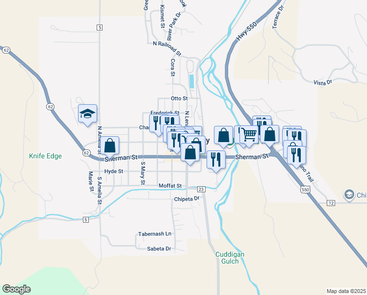 map of restaurants, bars, coffee shops, grocery stores, and more near 523 Clinton Street in Ridgway