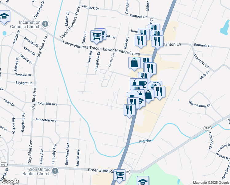 map of restaurants, bars, coffee shops, grocery stores, and more near 6703 Crawford Crossing Place in Louisville