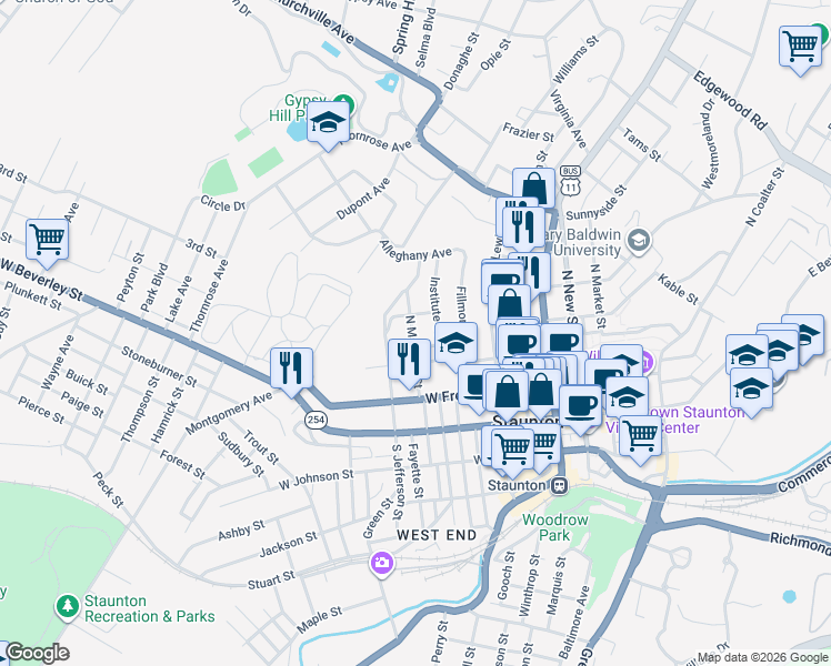 map of restaurants, bars, coffee shops, grocery stores, and more near 312 North Madison Street in Staunton