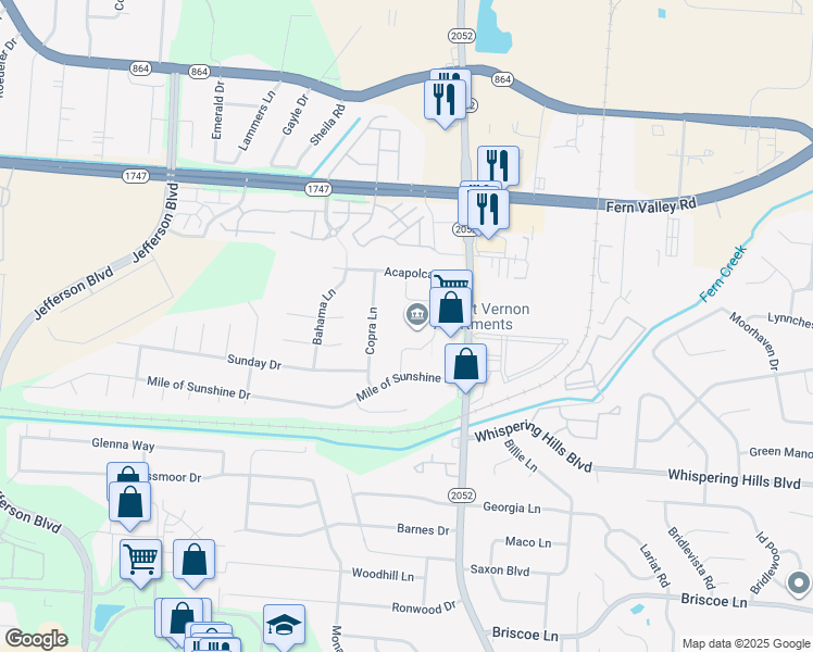 map of restaurants, bars, coffee shops, grocery stores, and more near 6720 Carribean Lane in Louisville