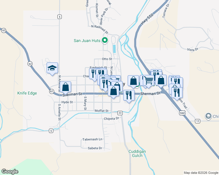 map of restaurants, bars, coffee shops, grocery stores, and more near 523 Clinton Street in Ridgway