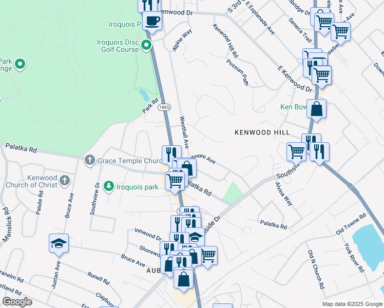 map of restaurants, bars, coffee shops, grocery stores, and more near 5421 Westhall Avenue in Louisville