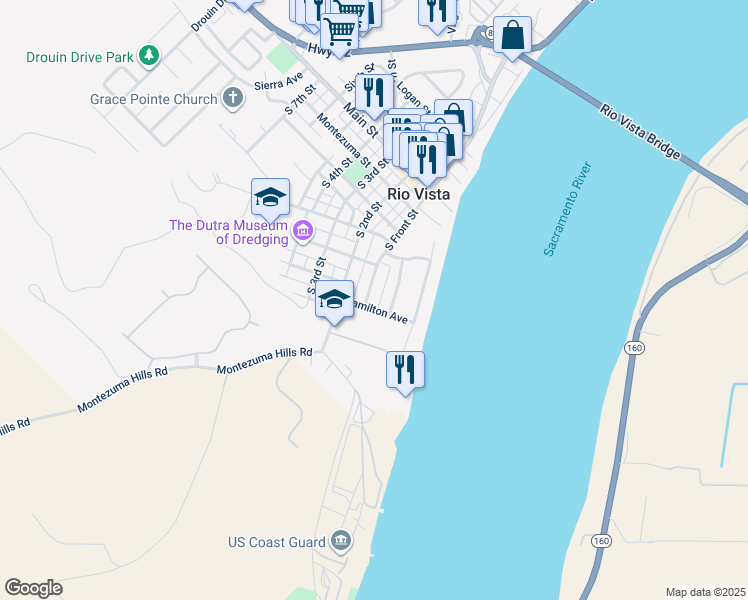 map of restaurants, bars, coffee shops, grocery stores, and more near 444 South Front Street in Rio Vista